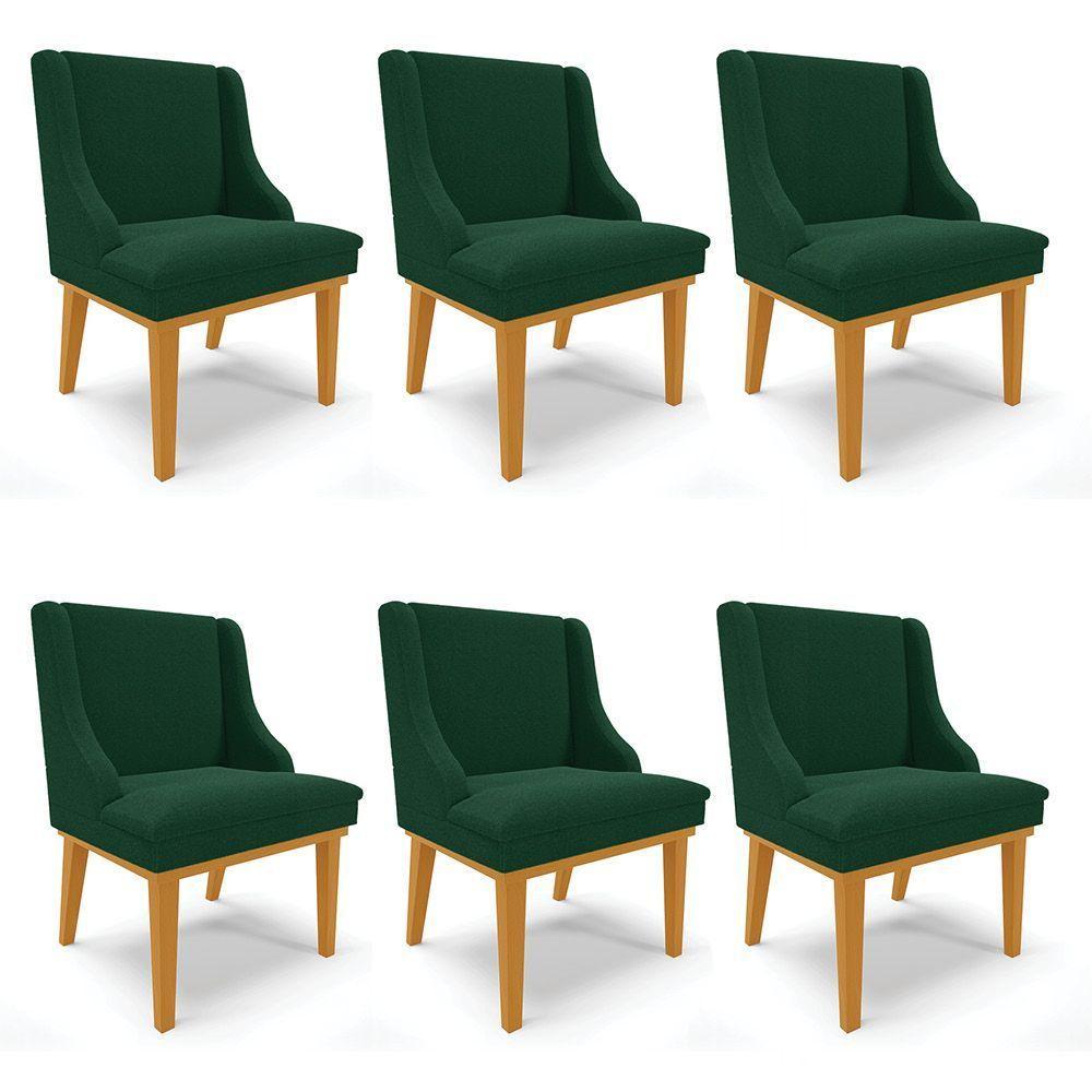 Cadeira Sala De Jantar Base Madeira Castanho Kit 6 Liz Bouclê Verde D03 - D'rossi - 1
