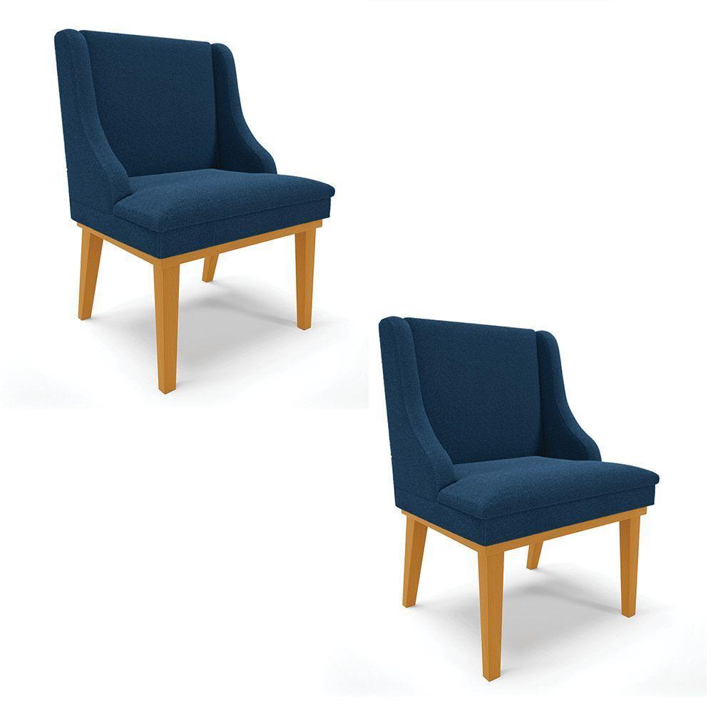 Cadeira Sala De Jantar Base Madeira Castanho Kit 2 Liz Bouclê Azul D03 - D'rossi - 1