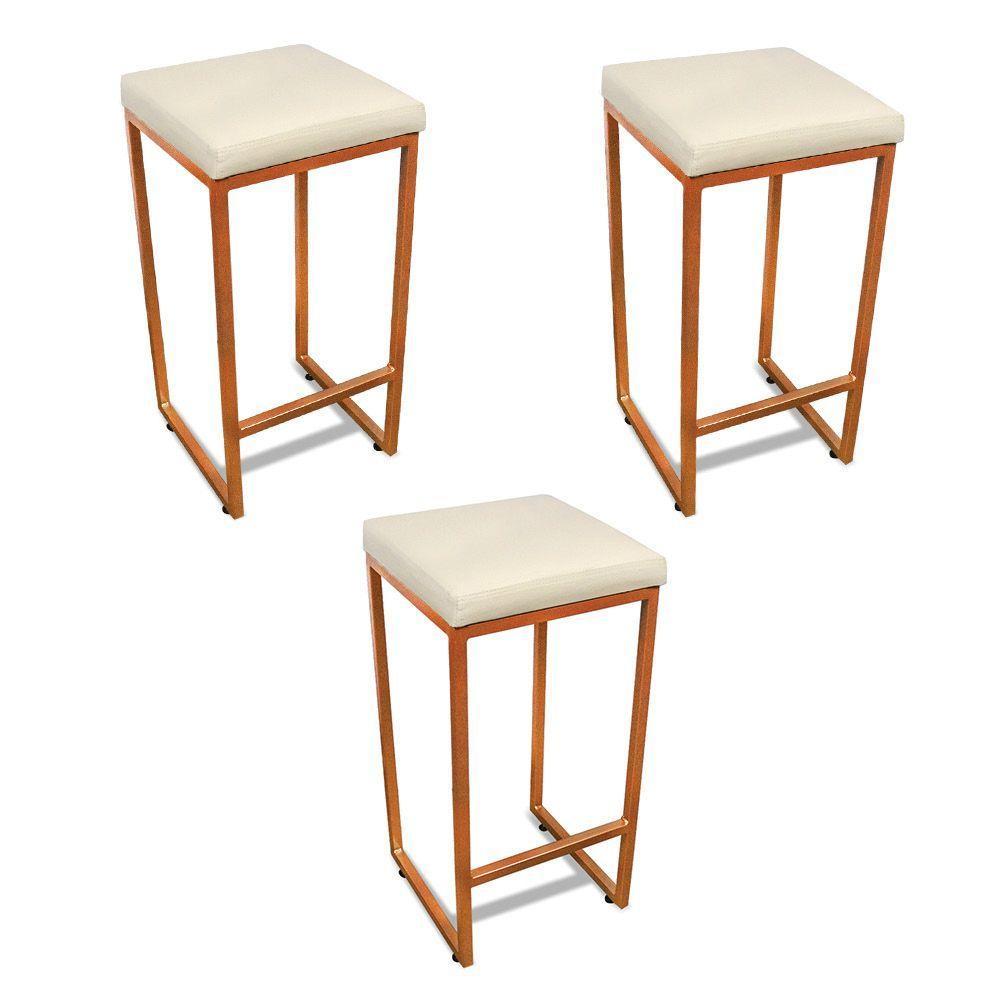 Banqueta Alta Para Cozinha Industrial Kit 3 Nick Bronze E Sintético D03 - D'rossi Cor Branco - 1