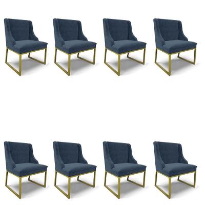 Cadeira Sala De Jantar Industrial Dourado Kit 8 Liz Suede Azul M D03 - D'rossi