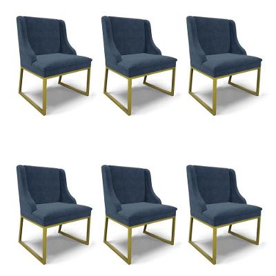 Cadeira Sala De Jantar Industrial Dourado Kit 6 Liz Suede Azul Mho D03 - D'rossi