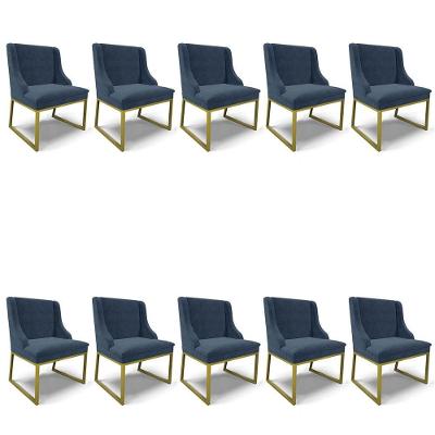 Cadeira Sala De Jantar Industrial Dourado Kit 10 Liz Suede Azul M D03 - D'rossi