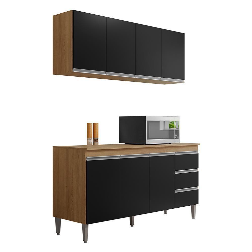 Kit De Cozinha Andréia Balcão 160cm Amêndoa-preto Com Tampo Mdp E Aéreo - Ajl Móveis Amêndoa-preto - 1