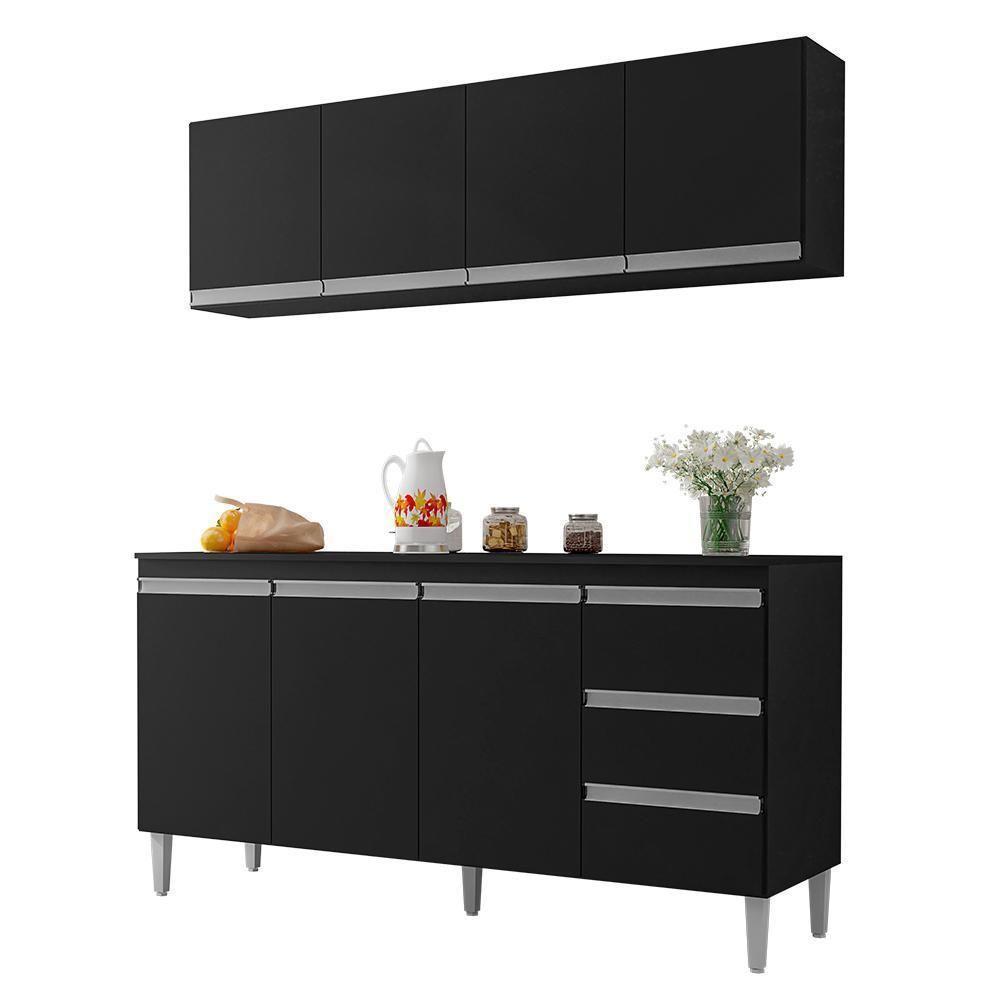 Kit De Cozinha Andréia Balcão 150cm Preto Com Tampo Mdp E Aéreo - Ajl Móveis Preto - 1