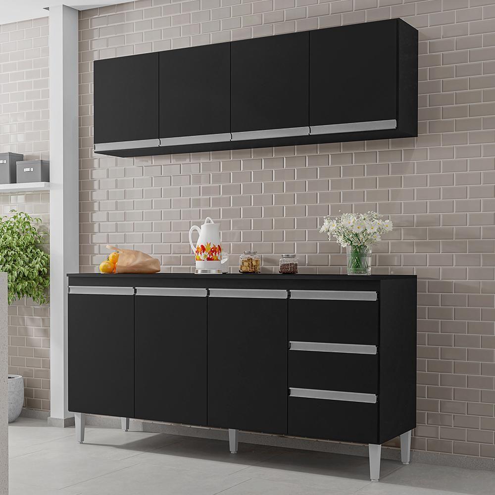 Kit De Cozinha Andréia Balcão 150cm Preto Com Tampo Mdp E Aéreo - Ajl Móveis Preto - 3