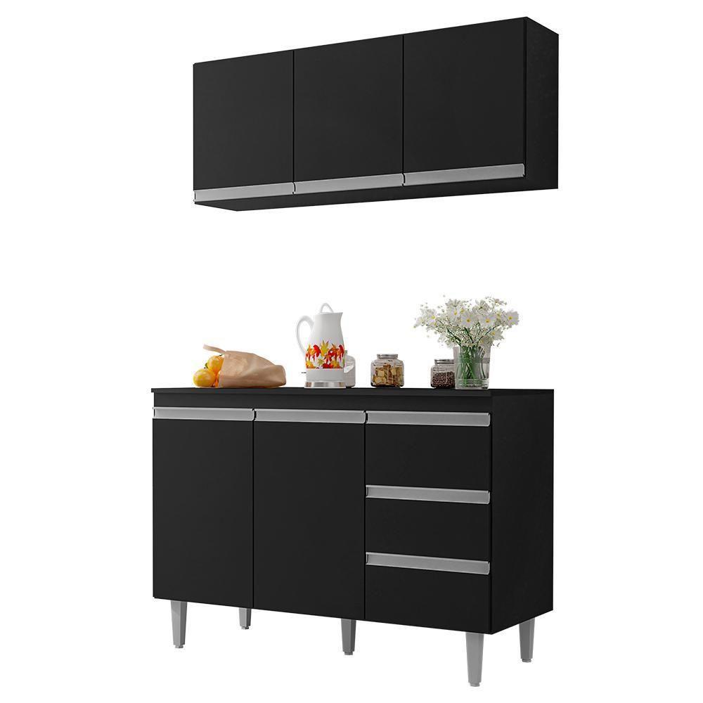 Kit De Cozinha Andréia Balcão 120cm Preto Com Tampo Mdp E Aéreo - Ajl Móveis Preto - 1