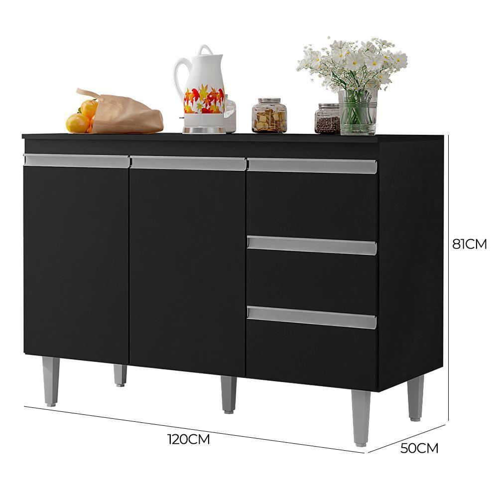 Kit De Cozinha Andréia Balcão 120cm Preto Com Tampo Mdp E Aéreo - Ajl Móveis Preto - 3