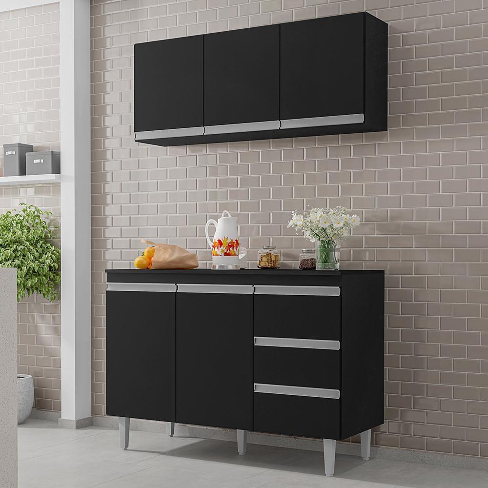 Kit De Cozinha Andréia Balcão 120cm Preto Com Tampo Mdp E Aéreo - Ajl Móveis Preto - 4