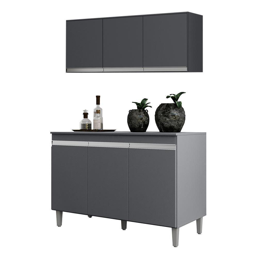 Kit Cozinha Balcão Manu 120cm Com Tampo Mdp E Aéreo Andréia Cinza - Ajl Móveis Cinza - 1