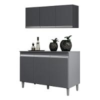 Kit Cozinha Balcão Manu 120cm Com Tampo Mdp E Aéreo Andréia Cinza - Ajl Móveis Cinza - 1
