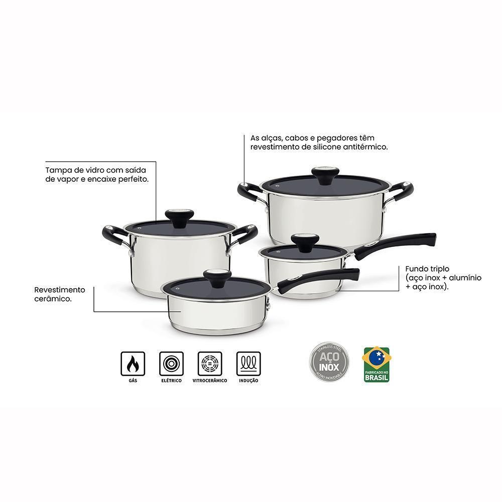 Jogo De Panelas Solar Ceramic Aço Inox Fundo Triplo Rev Interno Cerâmico 4 Peças Tramontina 65120026 - 4