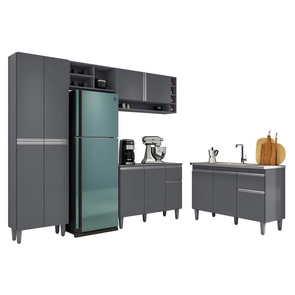 Cozinha Modulada Vanessa Com Balcão Tatiane Cinza Sem Tampo - Ajl Móveis Cinza - 1