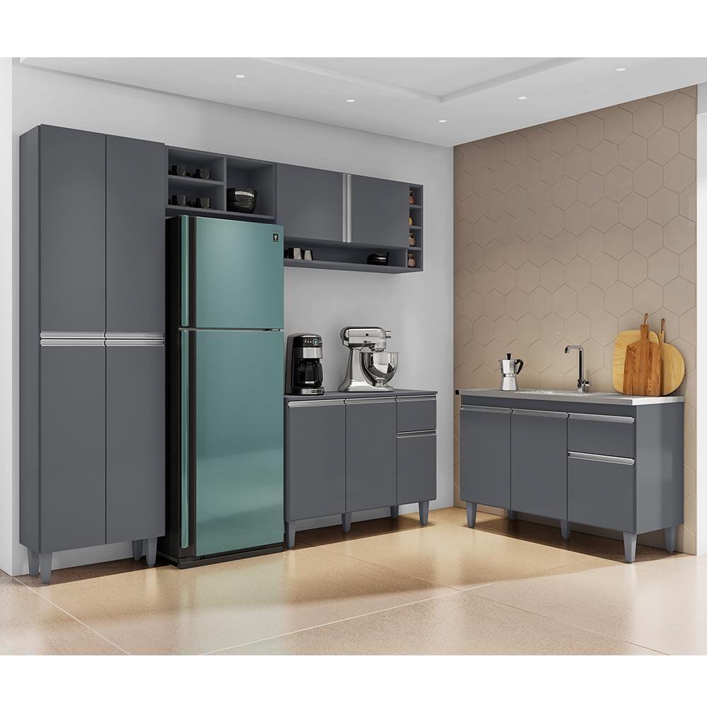 Cozinha Modulada Vanessa Com Balcão Tatiane Cinza Sem Tampo - Ajl Móveis Cinza - 2