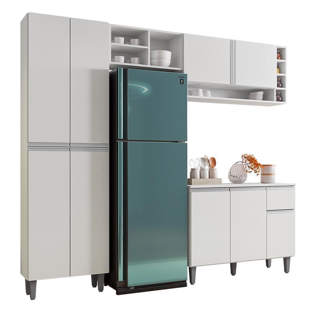 Cozinha Modulada Vanessa 230cm Paneleiro, Balcão Com Tampo Mdp E Aéreo Branco - Ajl Móveis Branco - 1