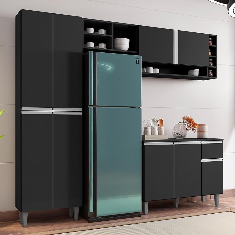 Cozinha Modulada Vanessa 230cm Paneleiro, Balcão Com Tampo Mdp E Aéreo Preto - Ajl Móveis Preto - 2