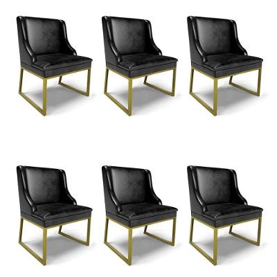 Cadeira Sala De Jantar Industrial Dourado Kit 6 Liz Sint Pu Preto D03 - D'rossi