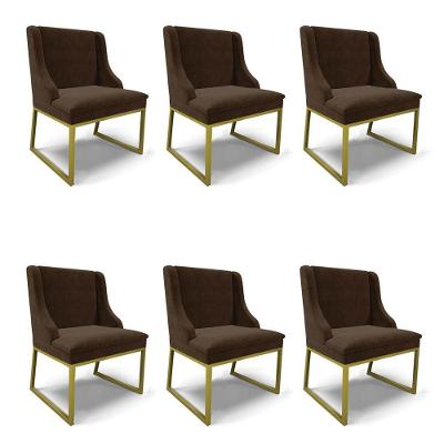 Cadeira Sala De Jantar Industrial Dourado Kit 6 Liz Suede Marrom D03 - D'rossi