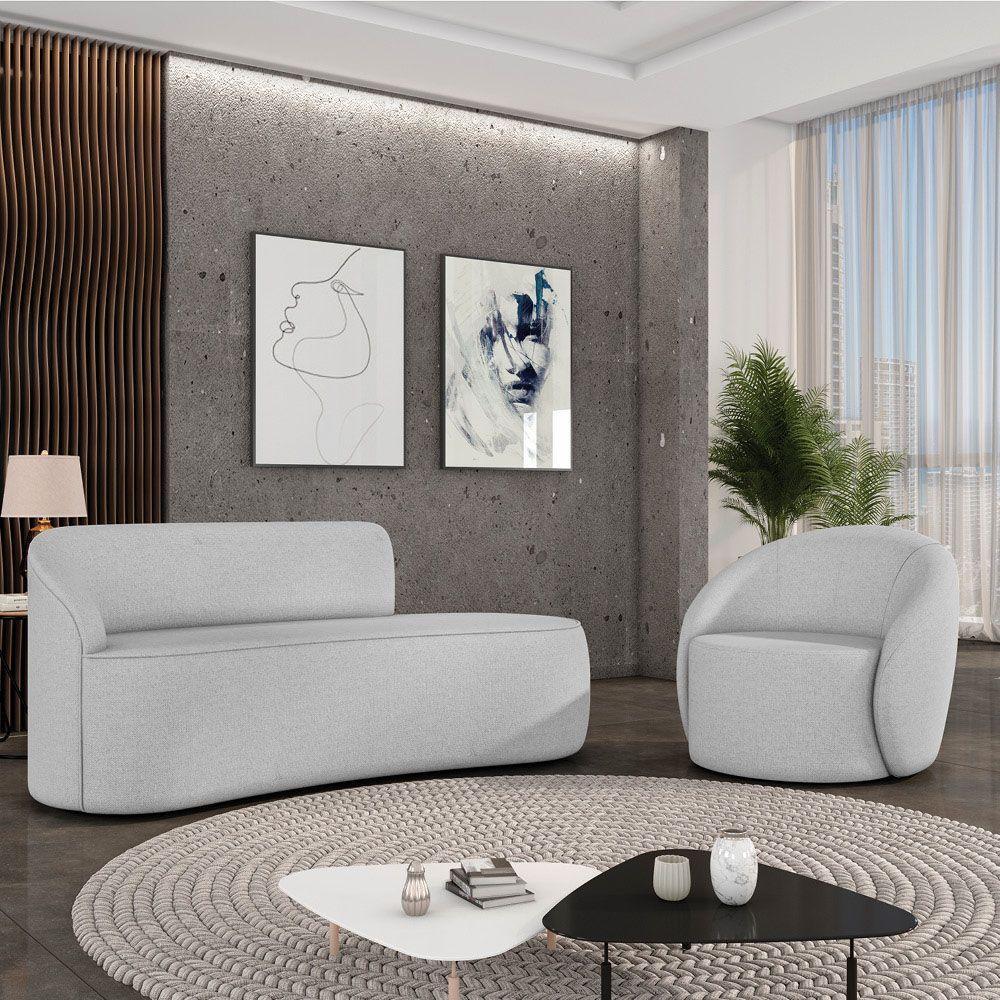 Sofá 2 Lugares Orgânico 140cm Morgan E Poltrona Lua Linho Cinza D03 - D'rossi - 2