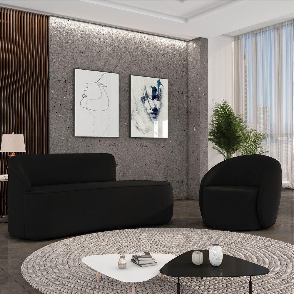 Sofá 2 Lugares Orgânico 140cm Morgan E Poltrona Lua Suede Preto D03 - D'rossi - 2