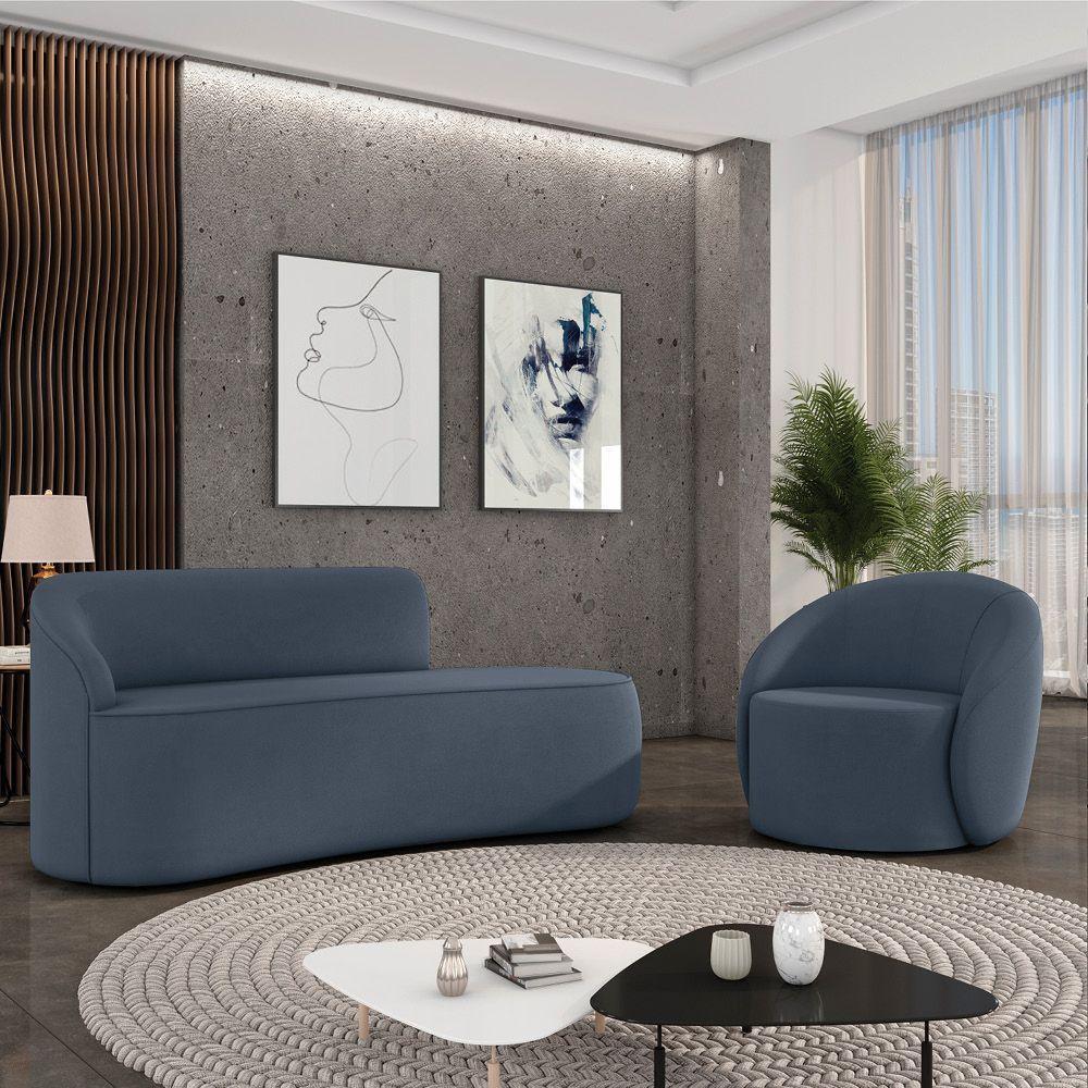 Sofá 2 Lugares Orgânico 140cm Morgan E Poltrona Lua Suede Azul M D03 - D'rossi - 2