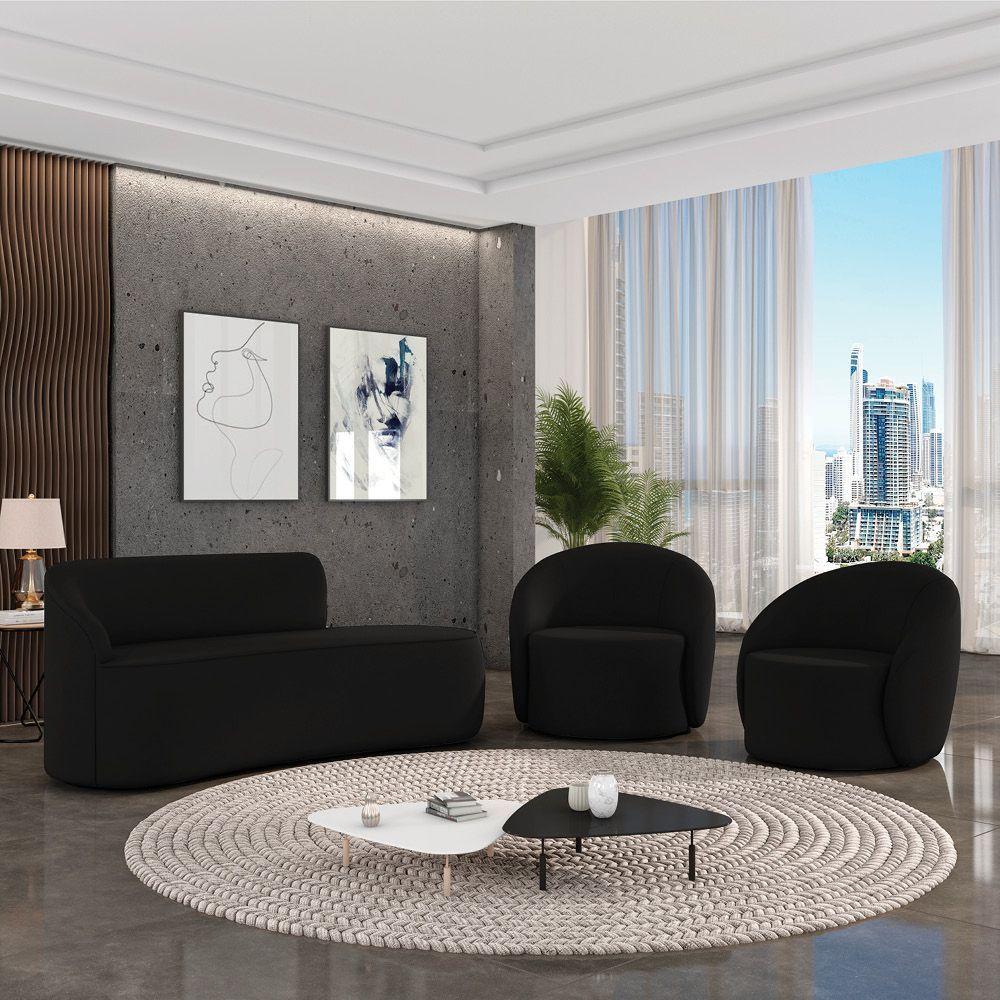 Sofá 2 Lugares Orgânico 140cm Morgan E 2 Poltronas Lua Suede Preto D03 - D'rossi - 2