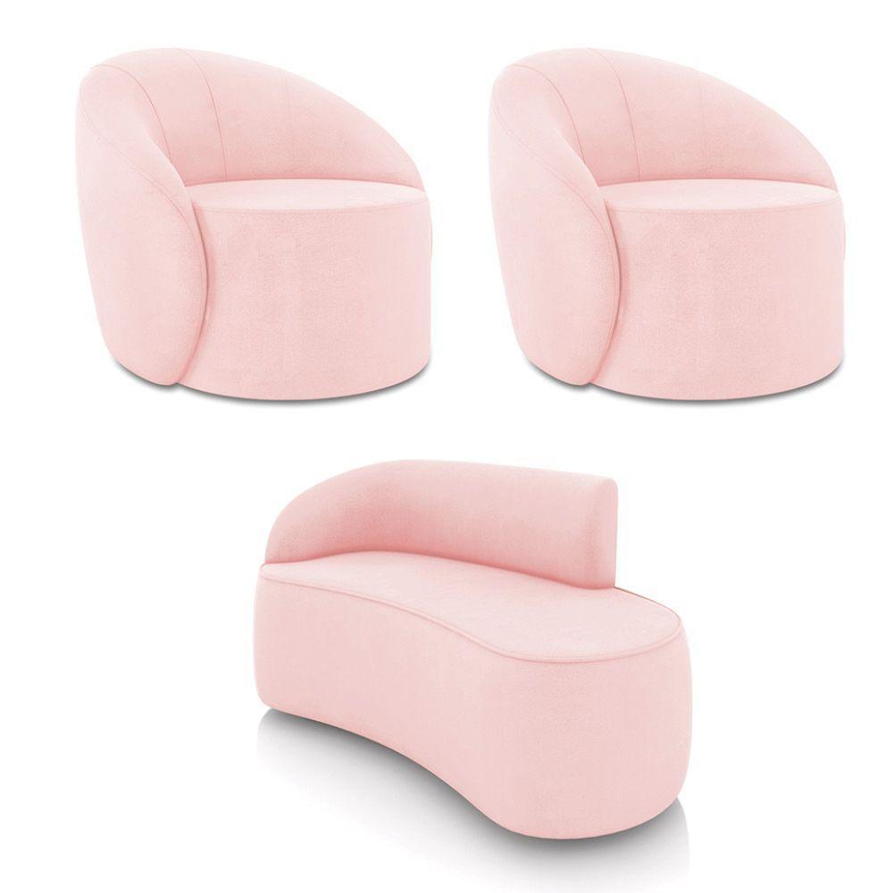 Sofá 2 Lugares Orgânico 140cm Morgan E 2 Poltronas Lua Suede Rosa Bebê D03 - D'rossi - 1