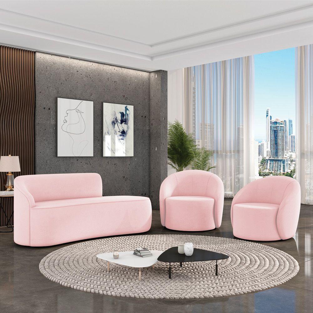 Sofá 2 Lugares Orgânico 140cm Morgan E 2 Poltronas Lua Suede Rosa Bebê D03 - D'rossi - 2