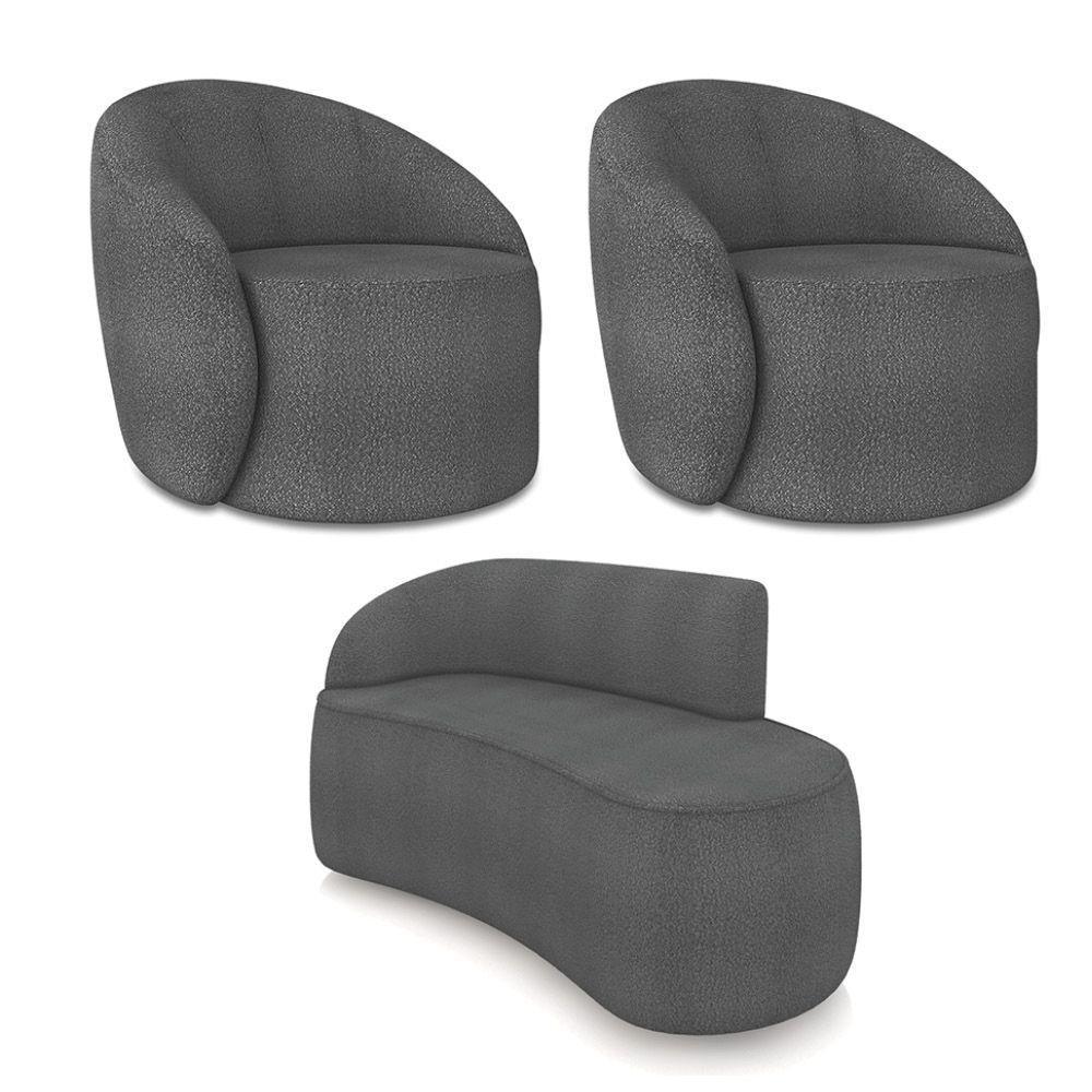 Sofá 2 Lugares Orgânico 140cm Morgan E 2 Poltronas Lua Bouclê Grafite D03 - D'rossi - 1