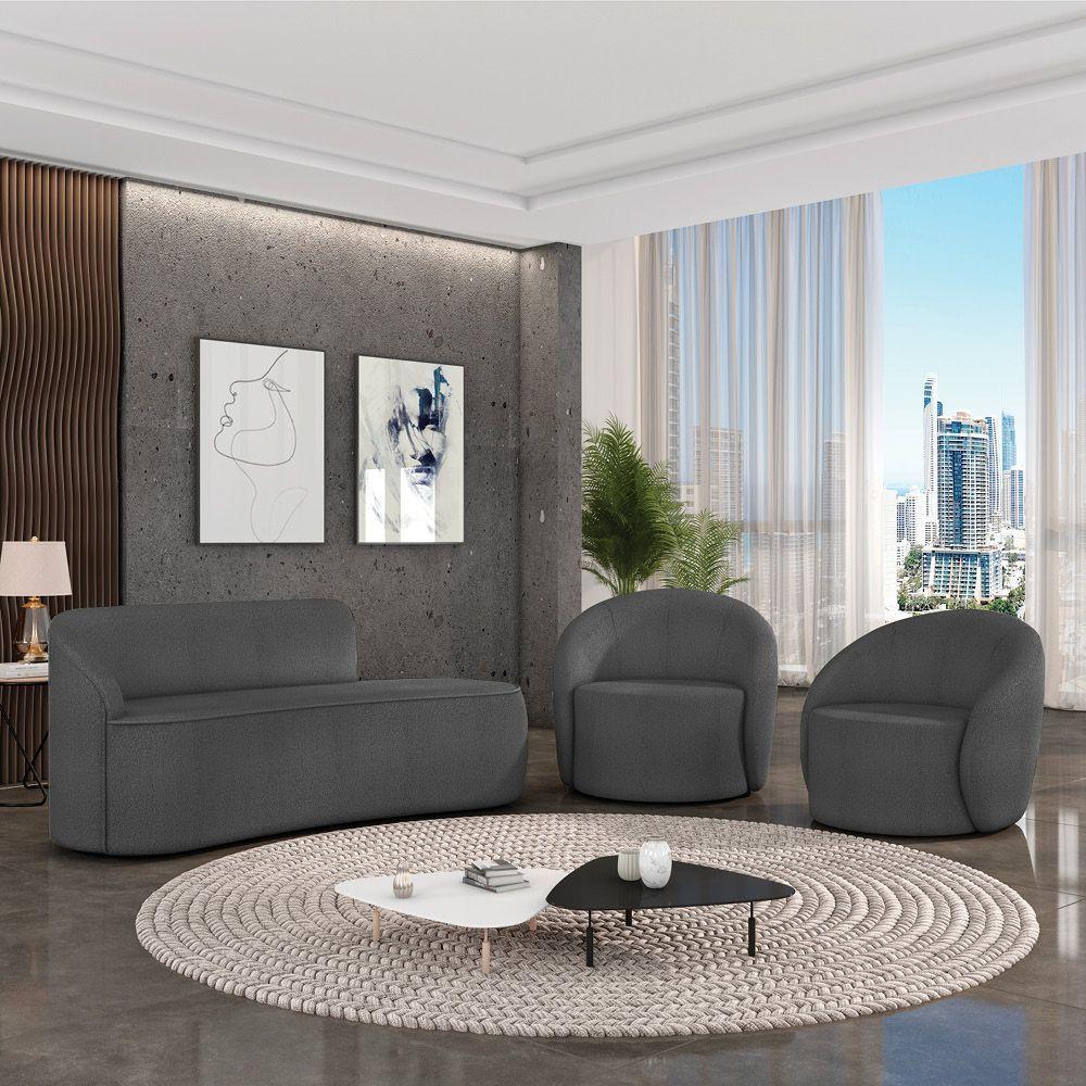 Sofá 2 Lugares Orgânico 140cm Morgan E 2 Poltronas Lua Bouclê Grafite D03 - D'rossi - 2