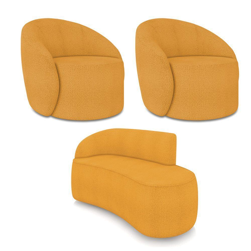 Sofá 2 Lugares Orgânico 140cm Morgan E 2 Poltronas Lua Bouclê Mostarda D03 - D'rossi - 1