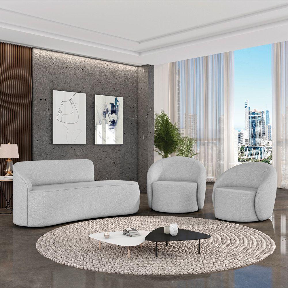 Sofá 2 Lugares Orgânico 140cm Morgan E 2 Poltronas Lua Linho Cinza D03 - D'rossi - 2