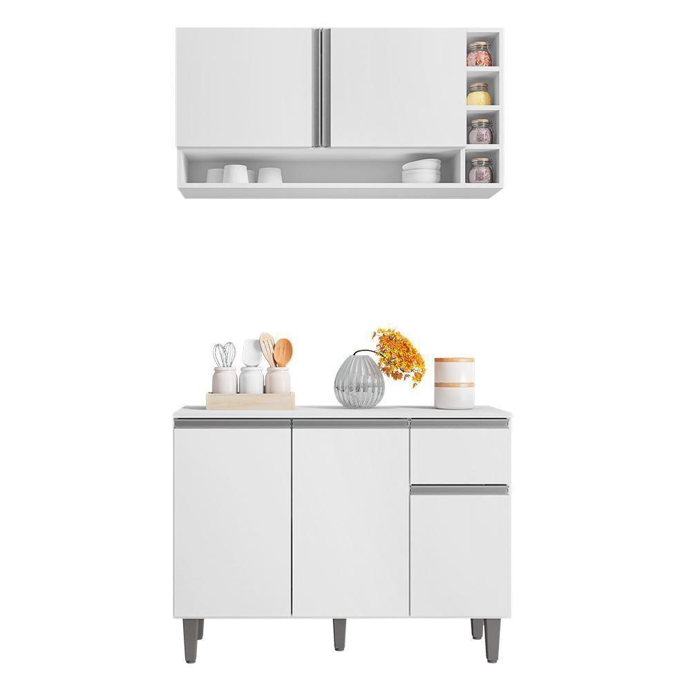 Kit De Cozinha Vanessa Balcão Com Tampo Mdp E Aéreo Branco - Ajl Móveis Branco - 1