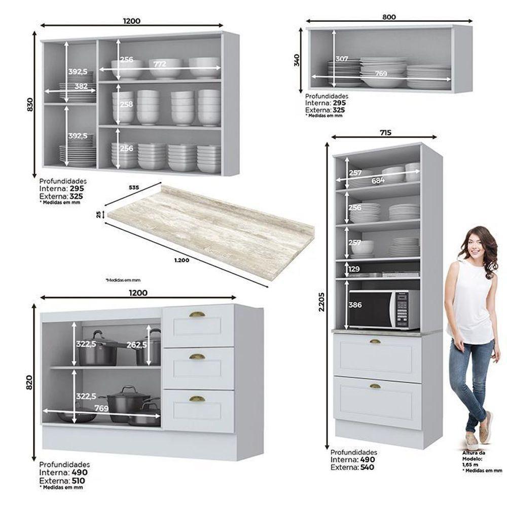 Cozinha Completa Americana 4 Peças Com Torre Quente 1 Forno E Aéreo Vidro Branco - Móveis Henn Branco - 4
