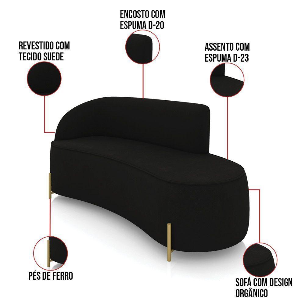 Sofá 3 Lugares Orgânico 180cm Pé Dourado Morgan Suede Preto D03 - D'rossi - 3