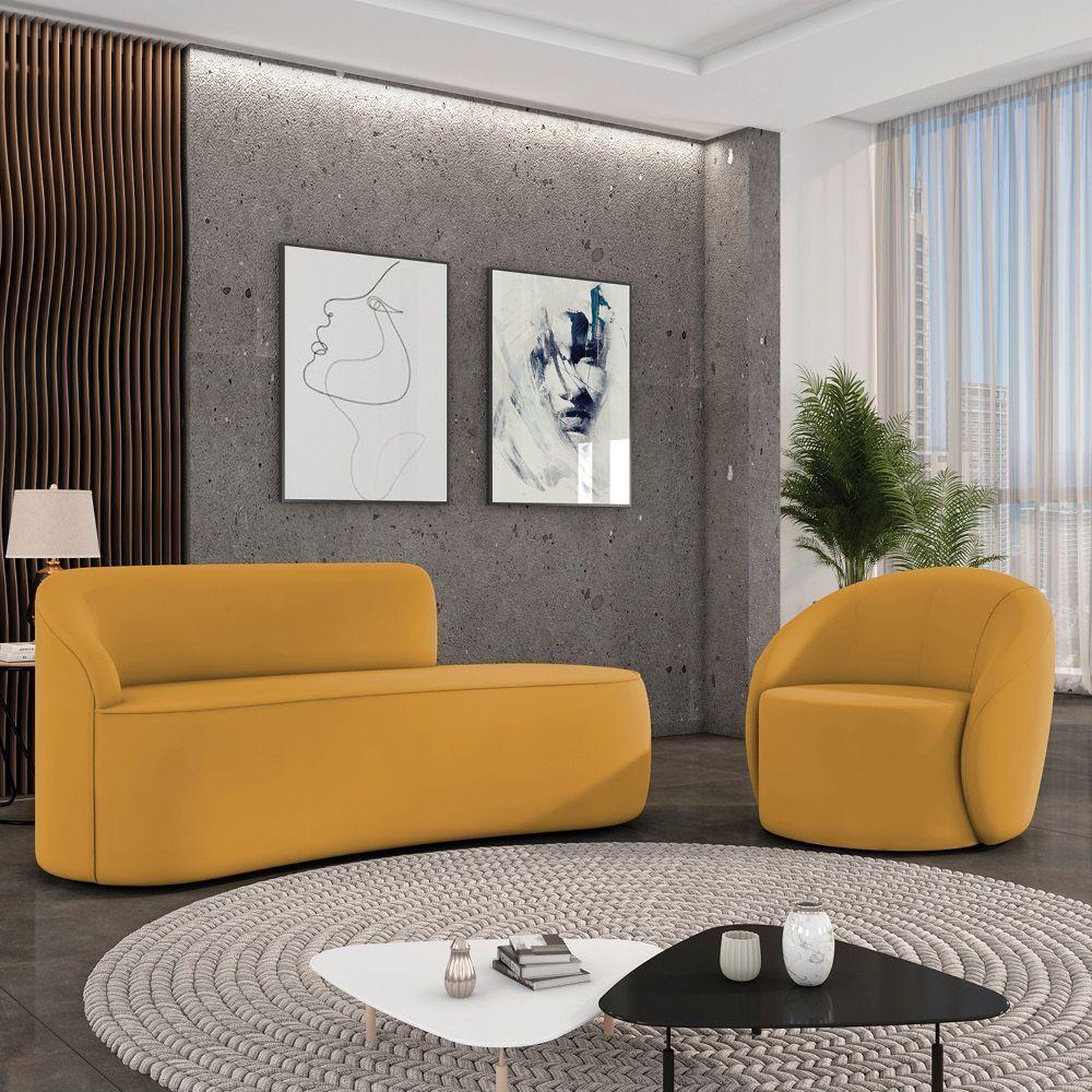 Sofá 3 Lugares Orgânico 180cm Morgan E Poltrona Lua Veludo Mostarda D03 - D'rossi - 2