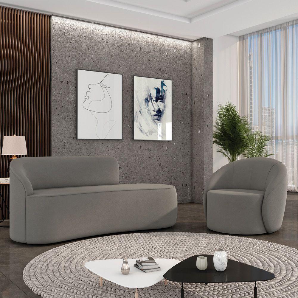 Sofá 3 Lugares Orgânico 180cm Morgan E Poltrona Lua Suede Grafite D03 - D'rossi - 2