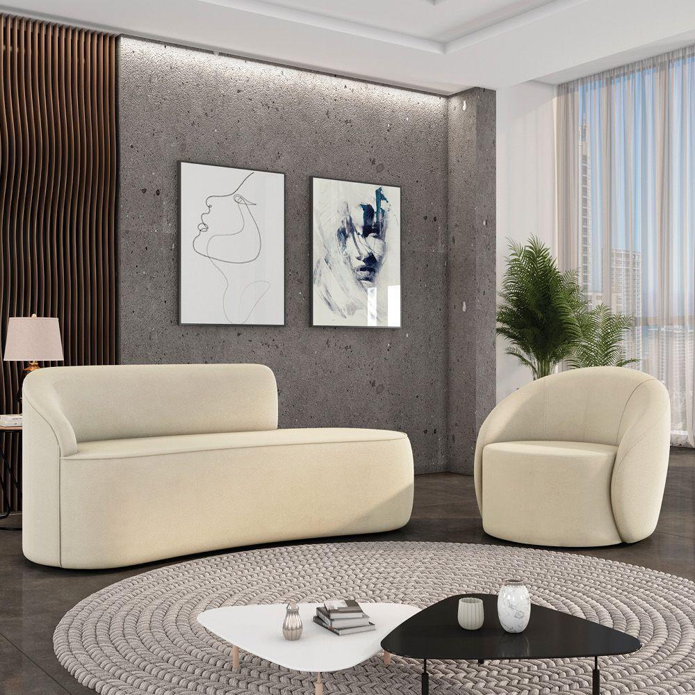 Sofá 3 Lugares Orgânico 180cm Morgan E Poltrona Lua Suede Bege D03 - D'rossi - 2