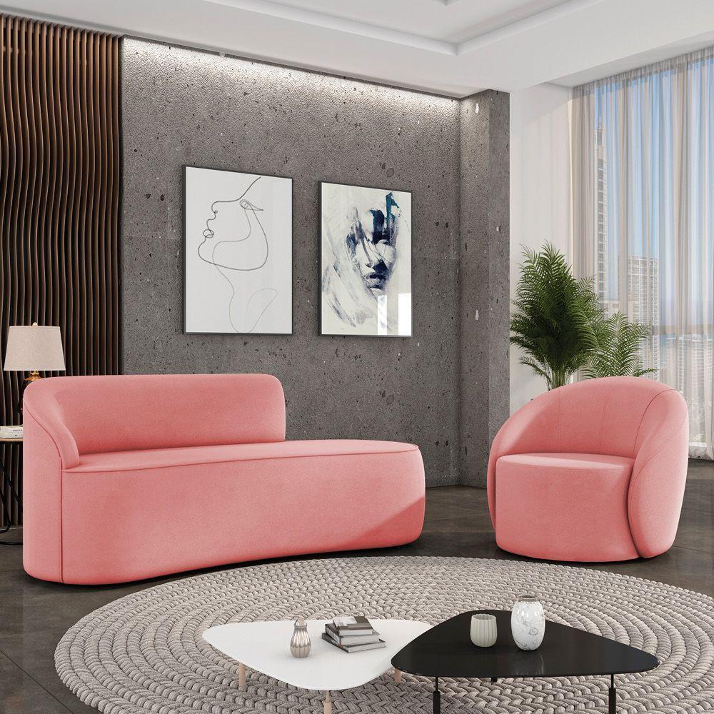 Sofá 3 Lugares Orgânico 180cm Morgan E Poltrona Lua Suede Rosê D03 - D'rossi - 2