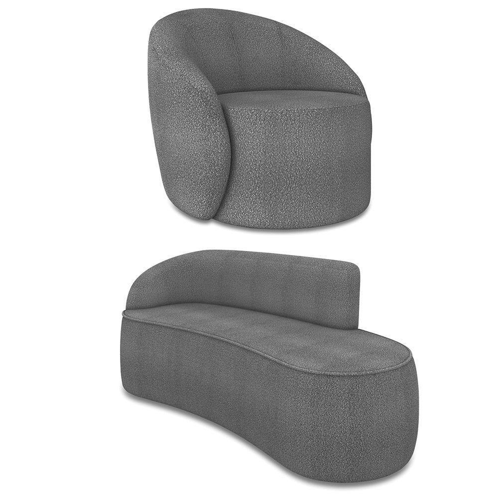 Sofá 3 Lugares Orgânico 180cm Morgan E Poltrona Lua Bouclê Grafite D03 - D'rossi - 1