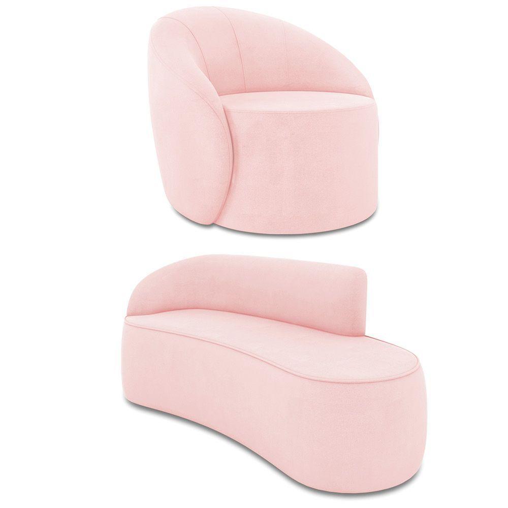 Sofá 3 Lugares Orgânico 180cm Morgan E Poltrona Lua Suede Rosa Bebê D03 - D'rossi - 1