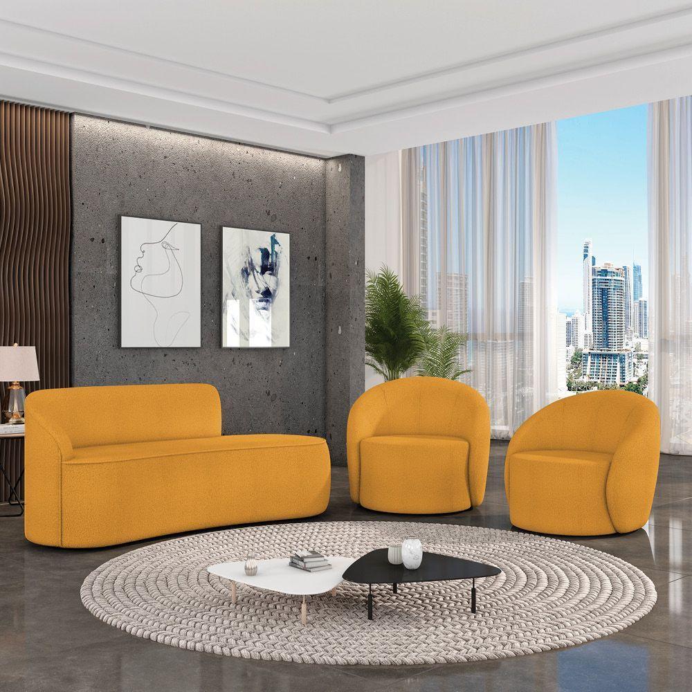 Sofá 3 Lugares Orgânico 180cm Morgan E 2 Poltronas Lua Bouclê Mostarda D03 - D'rossi - 2