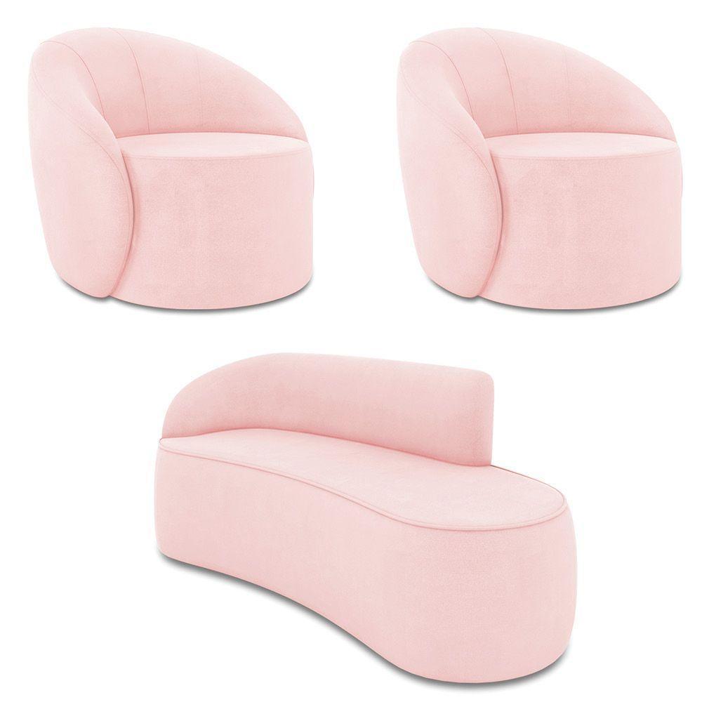 Sofá 3 Lugares Orgânico 180cm Morgan E 2 Poltronas Lua Suede Rosa Bebê D03 - D'rossi - 1