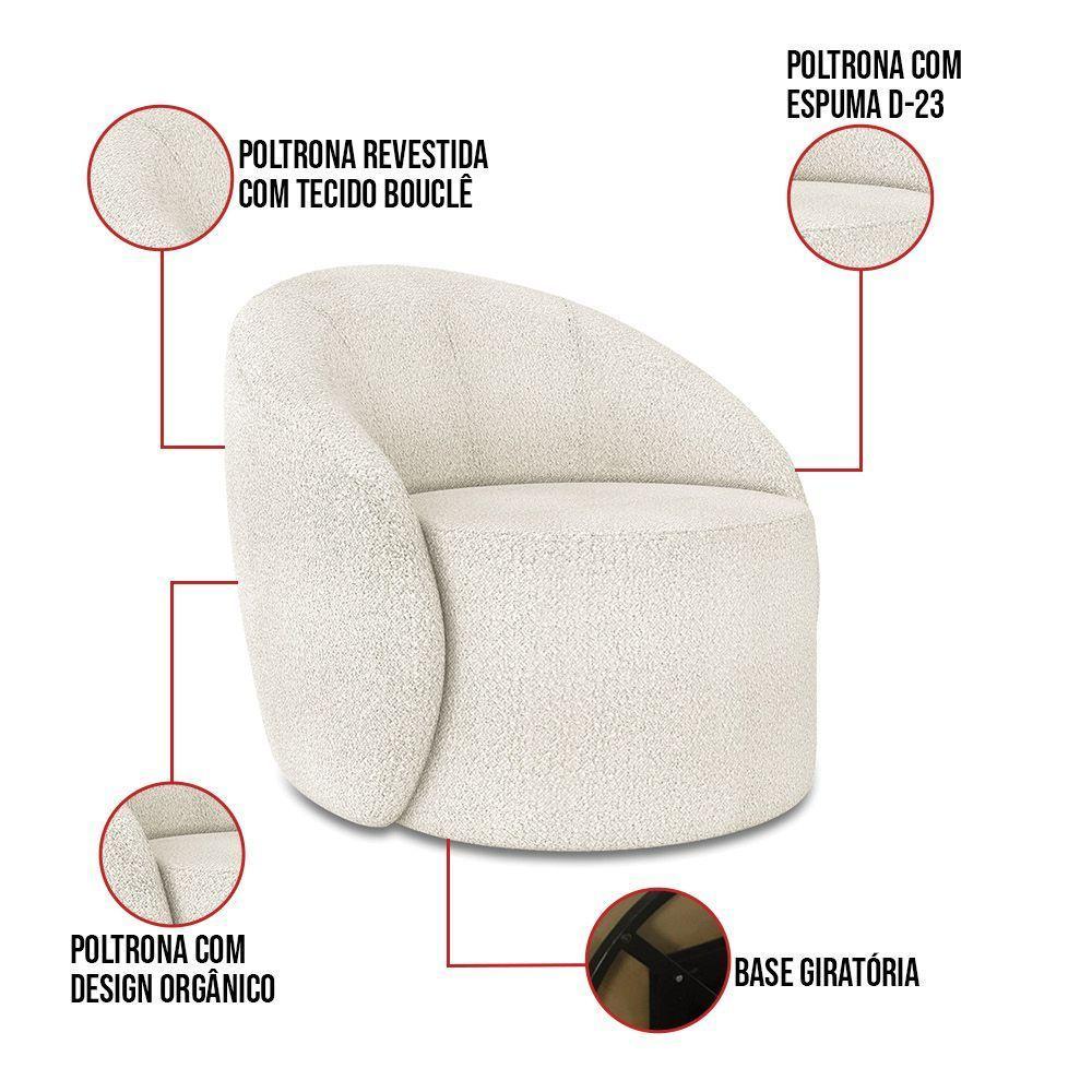 Sofá 3 Lugares Orgânico 180cm Morgan E 2 Poltronas Lua Bouclê Off White D03 - D'rossi - 4