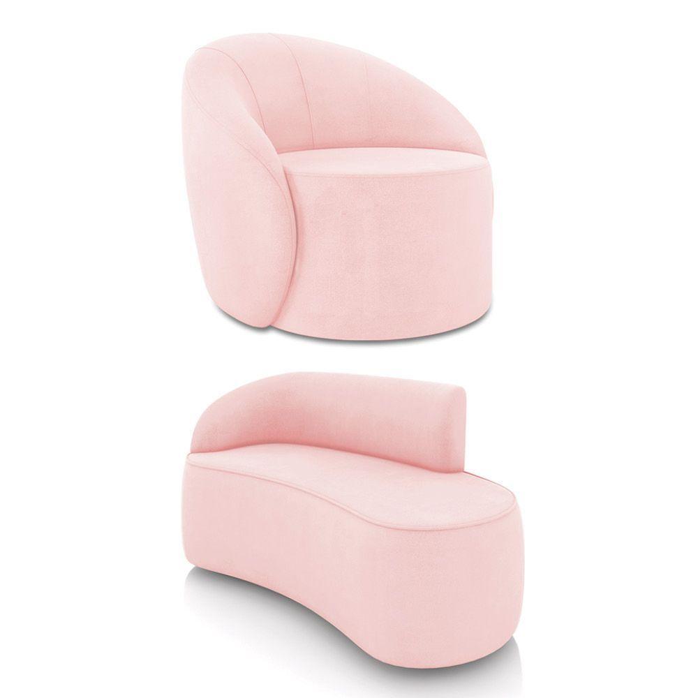 Sofá 2 Lugares Orgânico 140cm Morgan E Poltrona Lua Suede Rosa Bebê D03 - D'rossi - 1