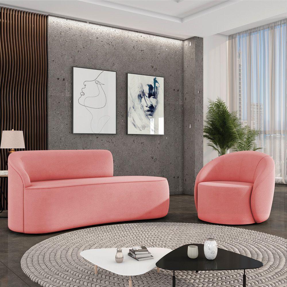 Sofá 2 Lugares Orgânico 140cm Morgan E Poltrona Lua Suede Rosê D03 - D'rossi - 2