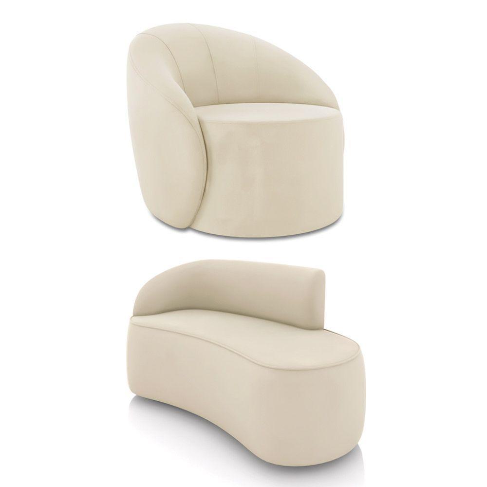 Sofá 2 Lugares Orgânico 140cm Morgan E Poltrona Lua Veludo Bege D03 - D'rossi - 1