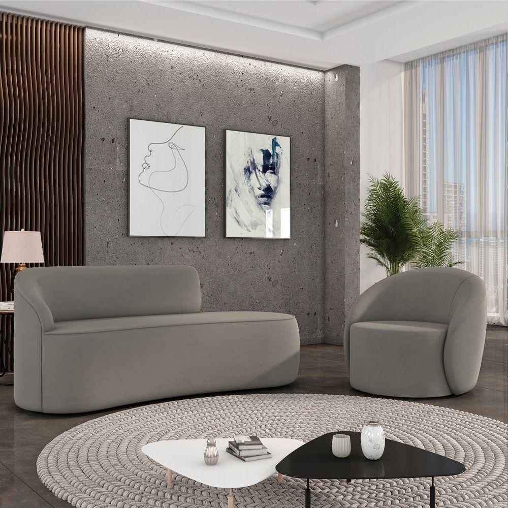 Sofá 2 Lugares Orgânico 140cm Morgan E Poltrona Lua Suede Grafite D03 - D'rossi - 2