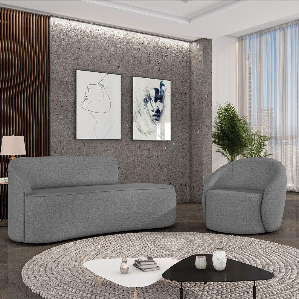 Sofá 2 Lugares Orgânico 140cm Morgan E Poltrona Lua Linho Grafite D03 - D'rossi - 2