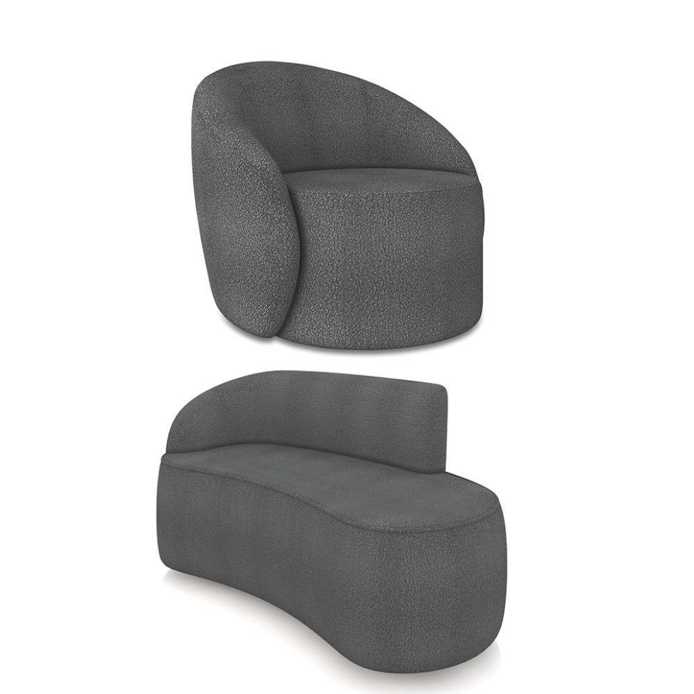 Sofá 2 Lugares Orgânico 140cm Morgan E Poltrona Lua Bouclê Grafite D03 - D'rossi - 1