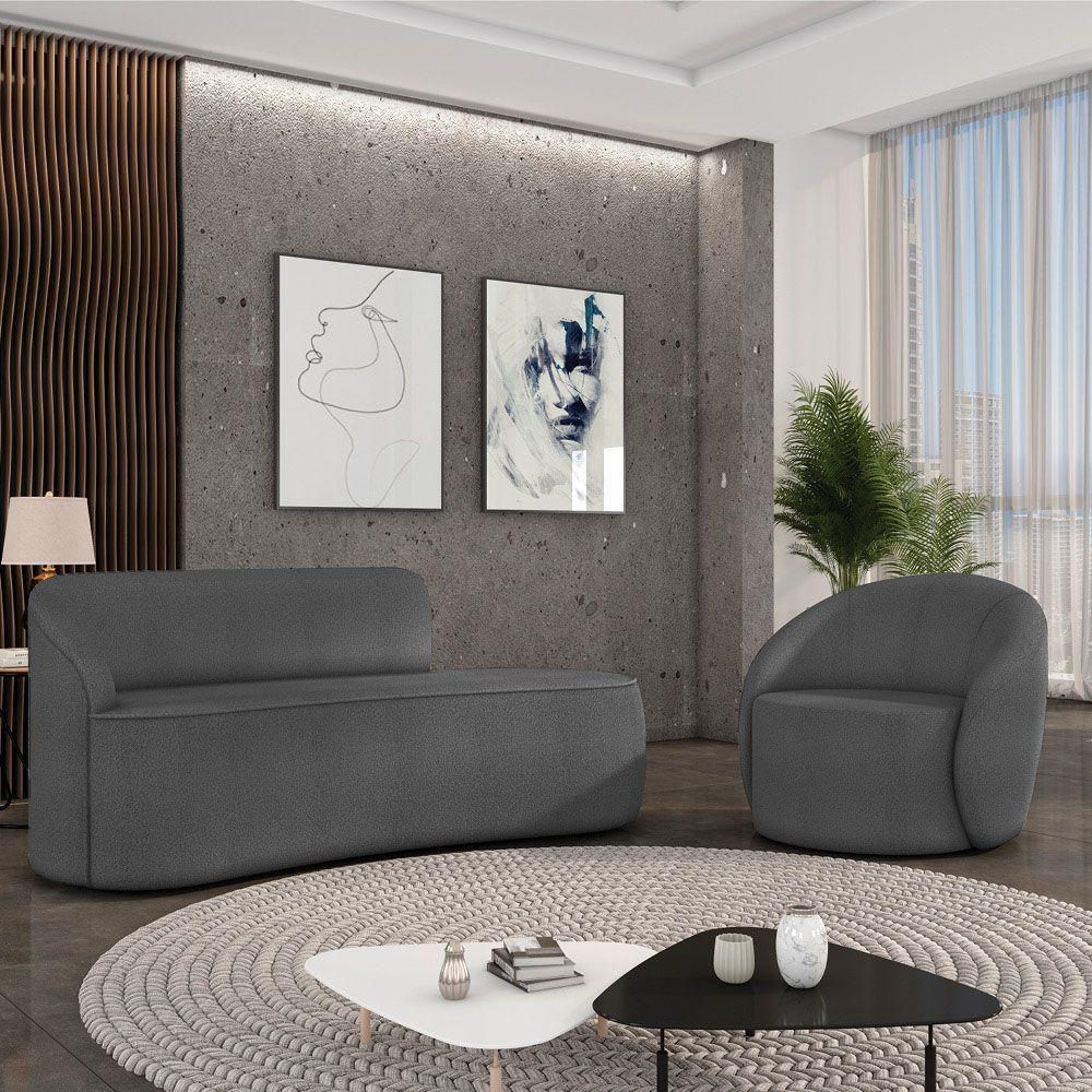 Sofá 2 Lugares Orgânico 140cm Morgan E Poltrona Lua Bouclê Grafite D03 - D'rossi - 2